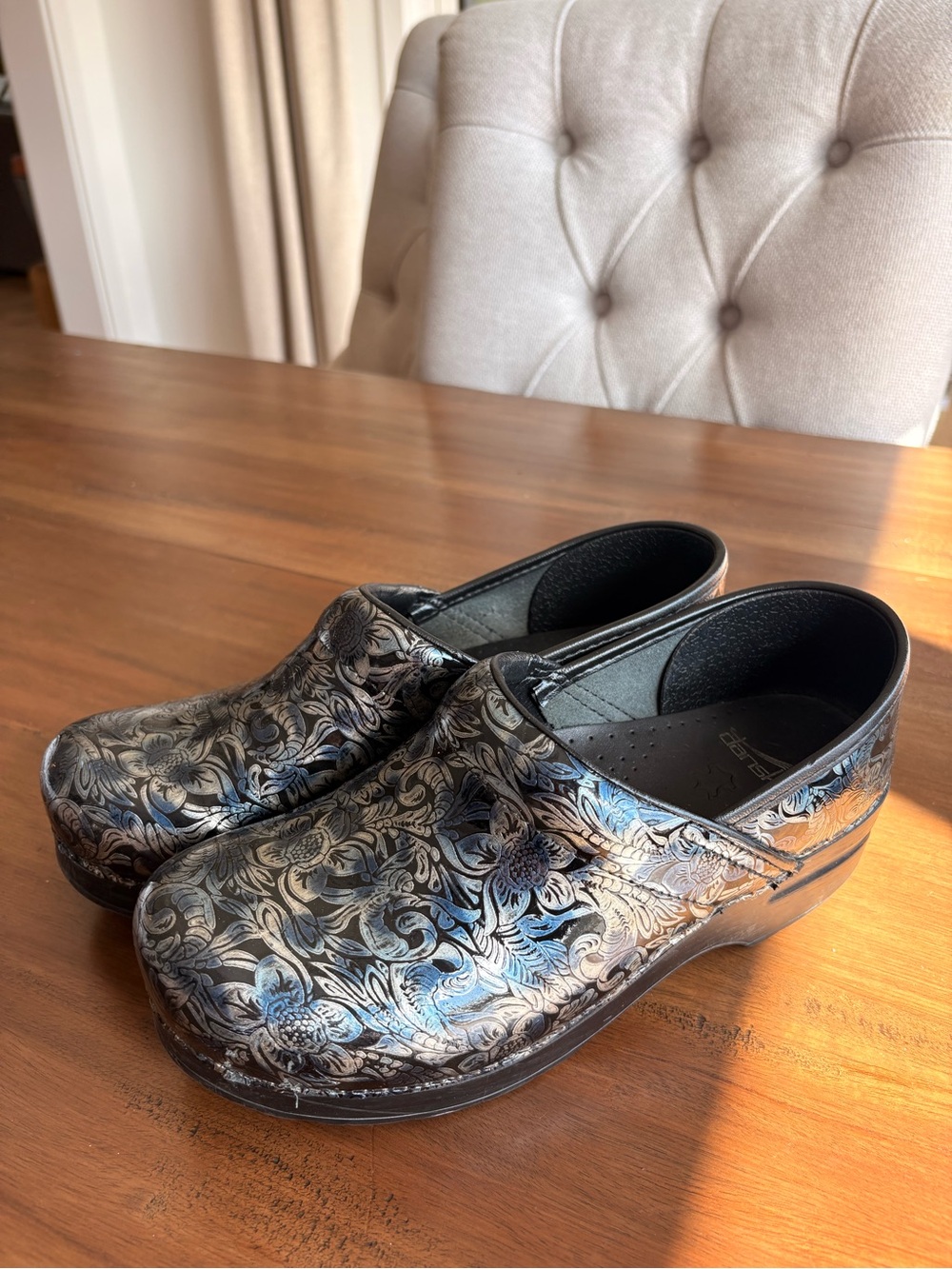 Dansko Professional Clogs in Silver/Blue Antique Tooled Pattern